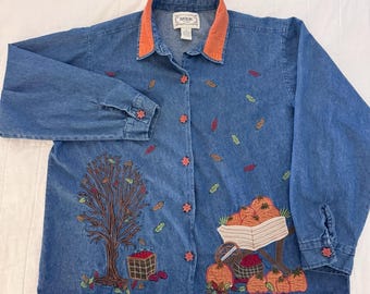 Vintage Tantrums Denim Fall Shirt Jacket XL Halloween Pumpkins Embroidered