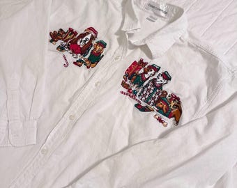 Casey Coleman Embroidered Christmas Dog Shirt White Long Sleeve Vintage