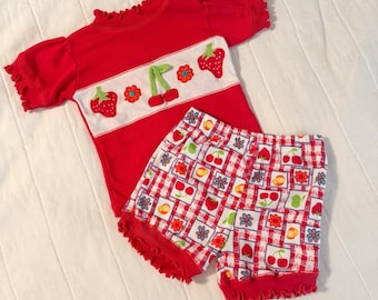 Vintage Small Steps Baby Girl 2 Piece Set 12 Months Cherries Strawberry's Red