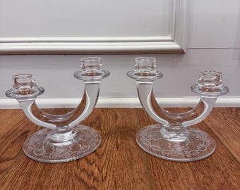 Vintage Fostoria Etched Romance Double Candle Holder 5.25" Set Of 2 Bows Floral