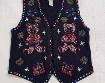 Vintage 90s Claudia D. Beaded Sequenced Christmas Sweater Vest Black Med Womens