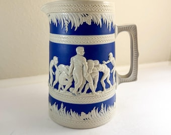 Copeland Spode Pitcher Sprigware/Jasperware Football/Rugby Scene 7” RARE 1890s