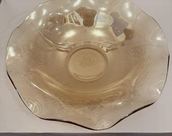 Mid Century Vintage Jeanette Glass Floragold Louisa Carnival 9" Ruffled Bowl
