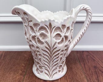 Vintage Pitcher Pottery Floral Carved Neutral Brown Iridescent Glaze Tiger Lily