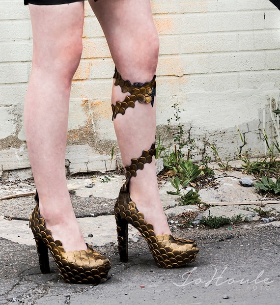 Shoes / High Heels, Covered With Gold and Black Silicone, Fish Scales /  Mermaid / Dragon -  Israel