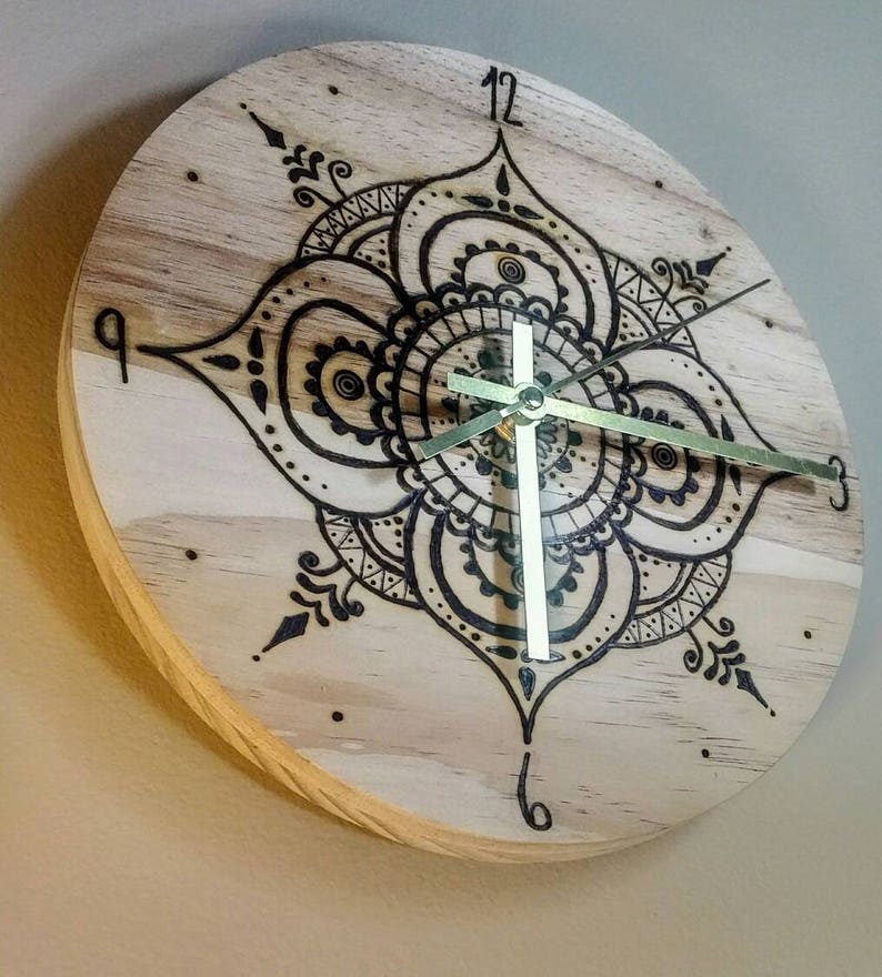 Wood burned henna mandala clock wood burn clock wood burn Etsy