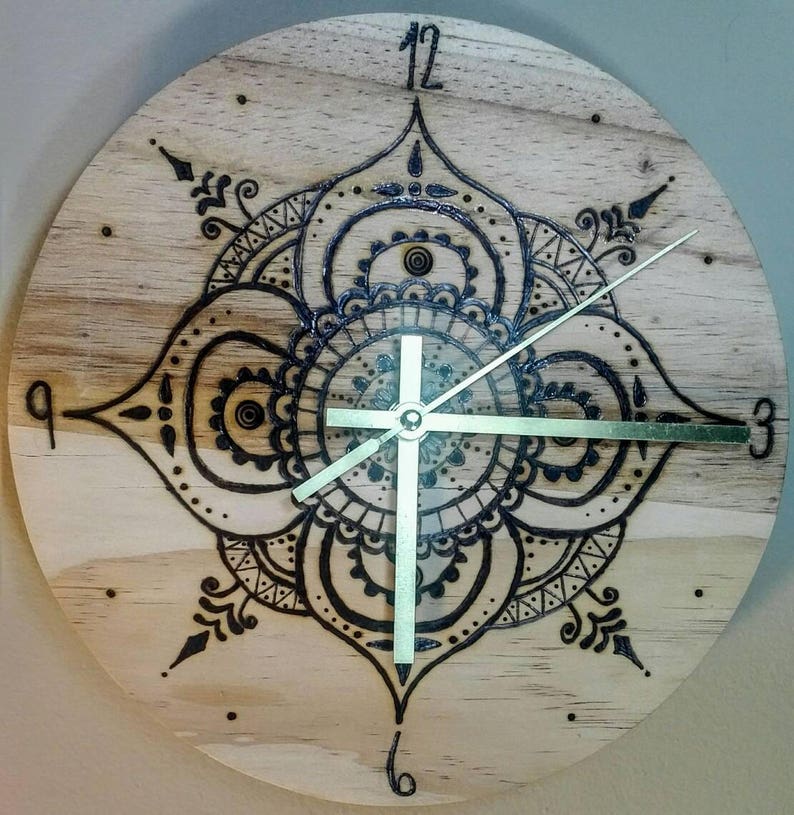 Wood burned henna mandala clock wood burn clock wood burn Etsy