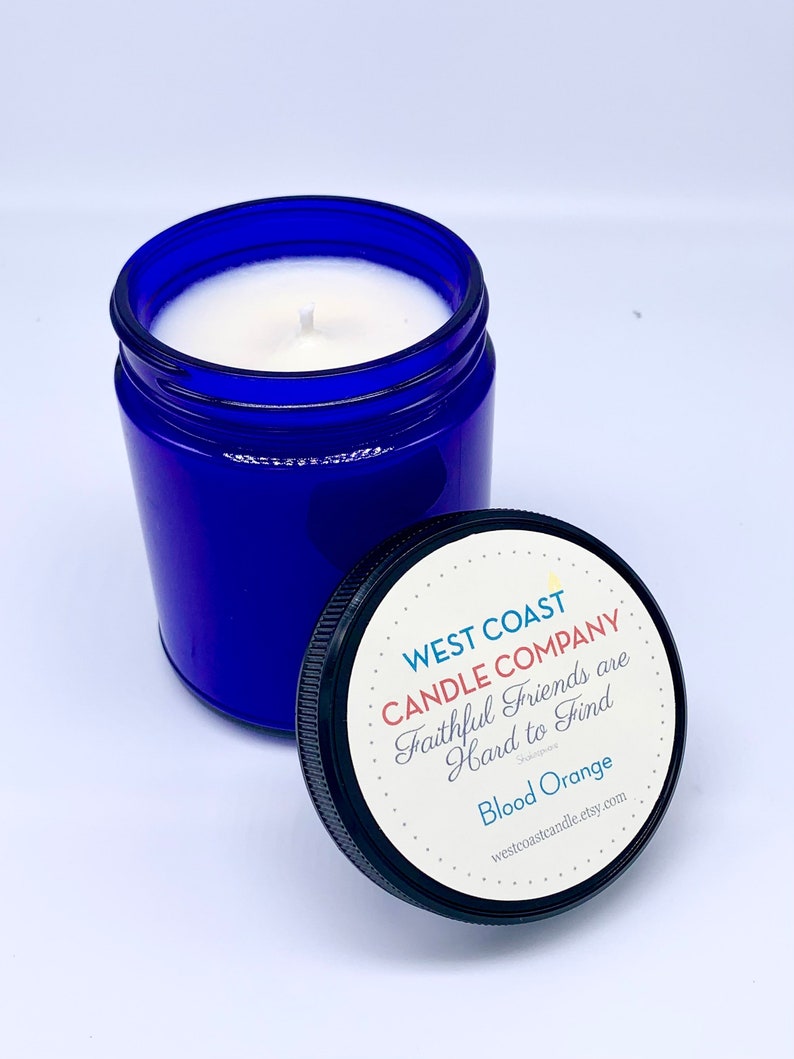 Blood Orange Cobalt Blue Candle with friendship quote