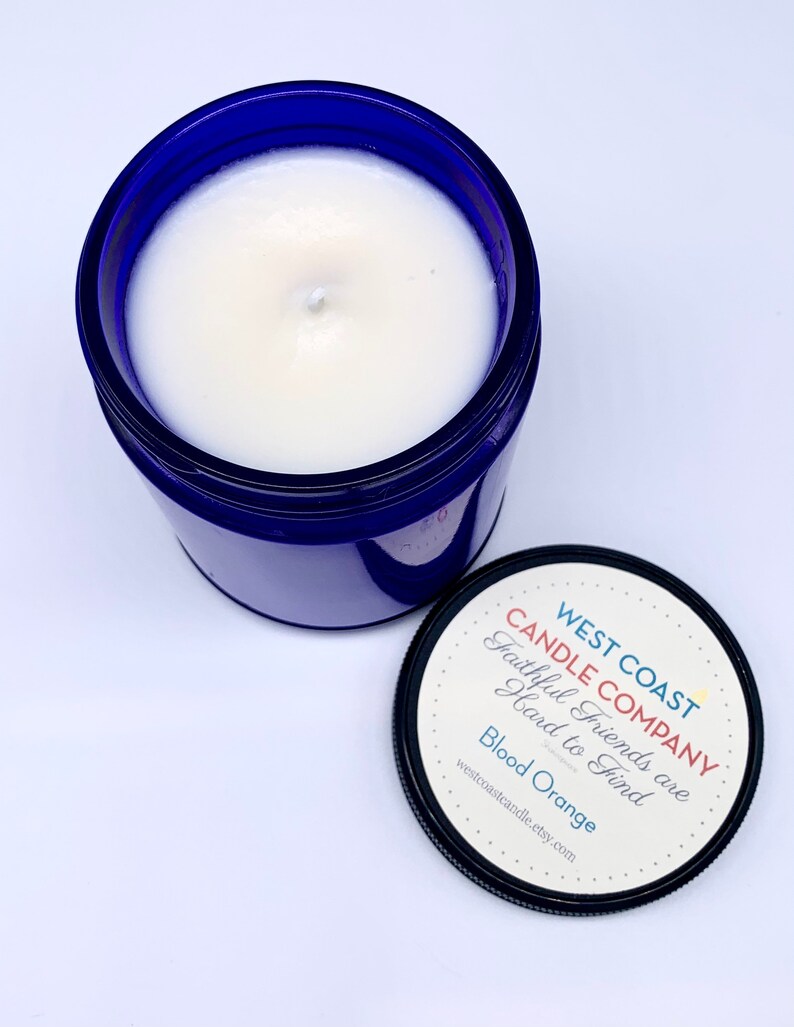 Blood Orange Cobalt Blue Candle with friendship quote