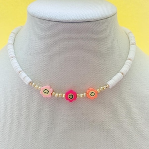 Smiley Face necklace, Happy face choker necklace, colorful letter necklace, initial jewelry, pearl smiley flowers