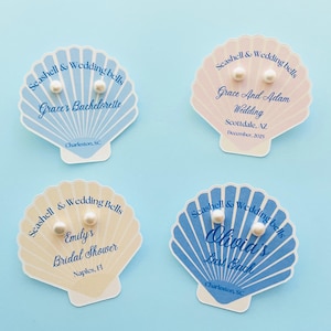 Cartão para dama de honra com tema de conchas: Brincos de pérola de água doce, lembrancinhas para despedida de solteira na praia, lembrancinha de casamento com tema litorâneo. imagem 1