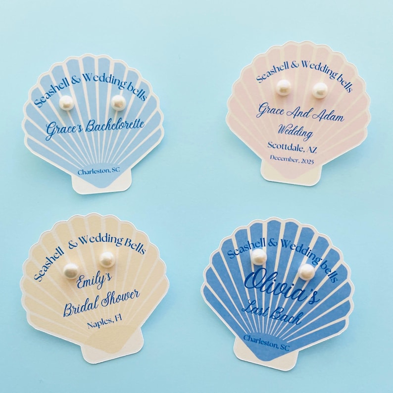 Cartão para dama de honra com tema de conchas: Brincos de pérola de água doce, lembrancinhas para despedida de solteira na praia, lembrancinha de casamento com tema litorâneo. imagem 1