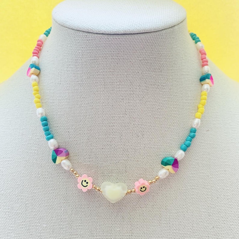 Smiley Face necklace, Happy face choker necklace, colorful letter necklace, initial jewelry, pearl purple hearts