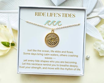 Gold Wave Medallion Necklace: Cancer Support, Recovery Gift