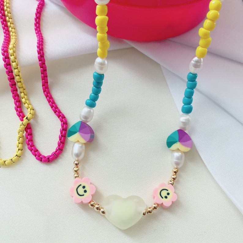 Smiley Face necklace, Happy face choker necklace, colorful letter necklace, initial jewelry, pearl image 2