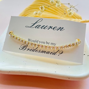 Bracelet personnalisé pour demande en mariage – Carte de visite personnalisée, bijou délicat en oxyde de zirconium, bracelet de tennis arc-en-ciel ou transparent