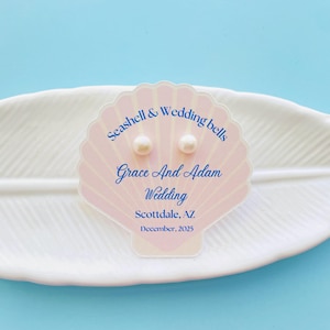 Cartão para dama de honra com tema de conchas: Brincos de pérola de água doce, lembrancinhas para despedida de solteira na praia, lembrancinha de casamento com tema litorâneo. Pink Champagne