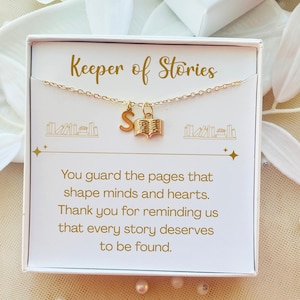 Keeper of Stories Necklace, Gold Book Charm, Personalized Initial, book club gifts  for groups.