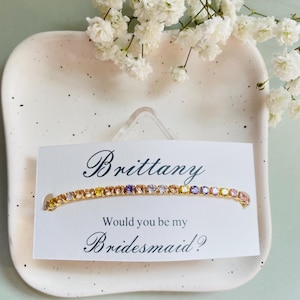 Bracelet personnalisé pour demande en mariage – Carte de visite personnalisée, bijou délicat en oxyde de zirconium, bracelet de tennis arc-en-ciel ou transparent