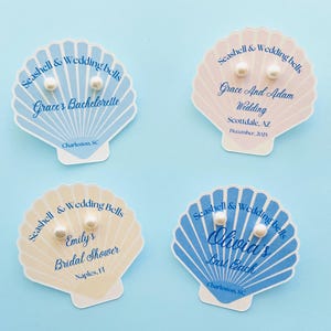 Cartão para dama de honra com tema de conchas: Brincos de pérola de água doce, lembrancinhas para despedida de solteira na praia, lembrancinha de casamento com tema litorâneo. imagem 11