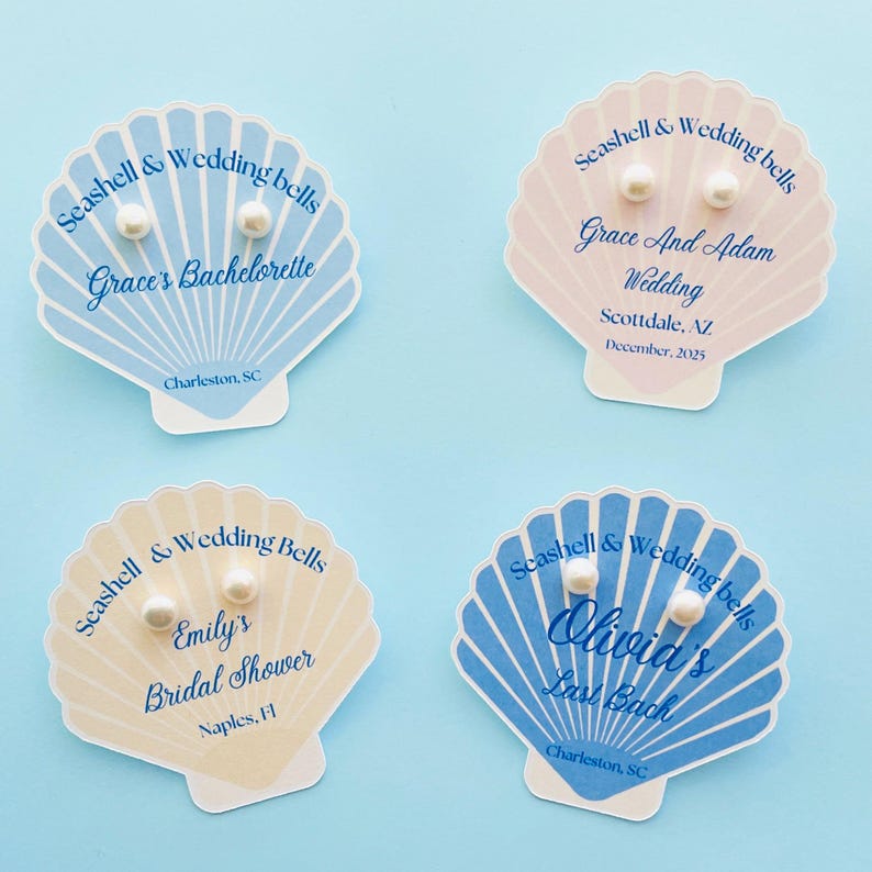 Cartão para dama de honra com tema de conchas: Brincos de pérola de água doce, lembrancinhas para despedida de solteira na praia, lembrancinha de casamento com tema litorâneo. imagem 11