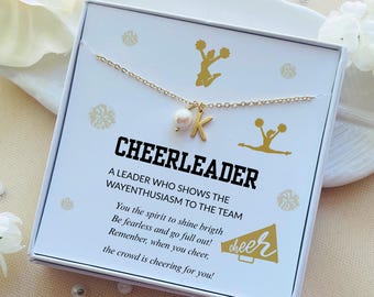 Personalized Cheerleader Necklace: Initial Charm, Pearl Accent, Cheer Team Gift