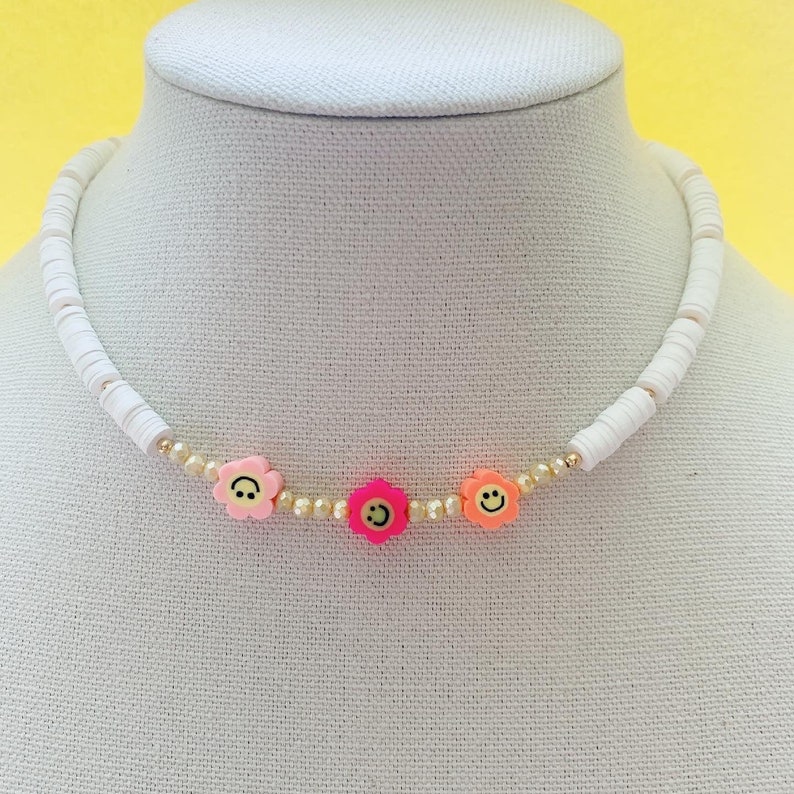 Smiley Face necklace, Happy face choker necklace, colorful letter necklace, initial jewelry, pearl smiley flowers