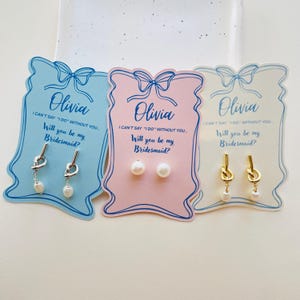 Caixa de presente para proposta de madrinha • Brincos de pérola em cartão de coração personalizado • Joias para presente "Você será minha madrinha?" • Opção de nome personalizado