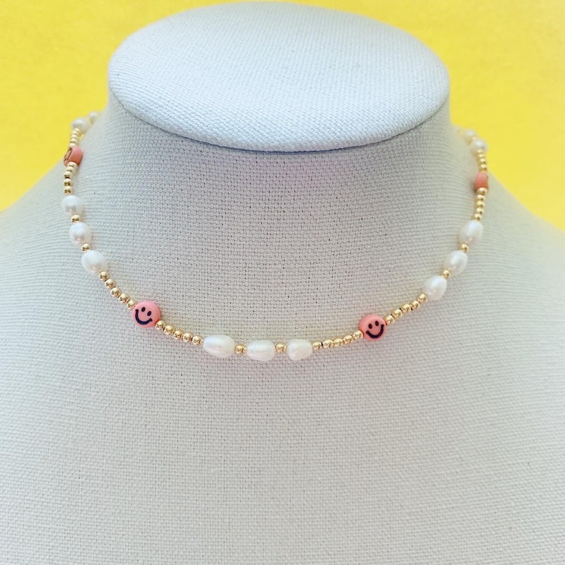 Smiley Face necklace, Happy face choker necklace, colorful letter necklace, initial jewelry, pearl pearl +smiley