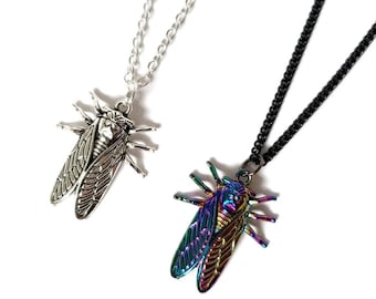 Cicada insect necklace wings silver rainbow metal pendant with chain gothic oddities