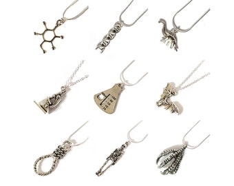 Silver science nature necklaces anatomy morbid jewellery insects chemistry biology dinosaurs serotonin bones pendant Big bang theory