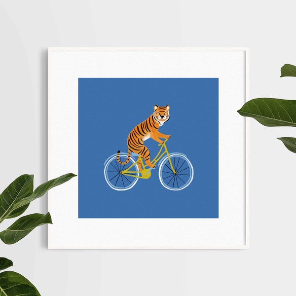 TIGER ON A BIKE giclee print / wall art. 8 x 8 inch square animal bike art / Tiger riding on a bike illustration.
