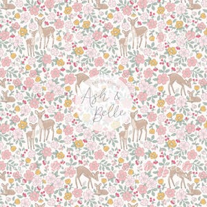 May include: A repeating pattern featuring light brown fawns standing and lying down amidst a floral design of pink and yellow flowers with green leaves on a white background. The text Ash & Belle Design Studio is centered in a circular overlay.
