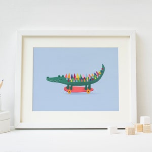CROCODILE rainbow on a skateboard Giclée print. 8&quot; x 10&quot; Illustration of a crocodile/alligator on a skateboard (Giclée Fine Art Print)