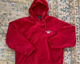 Vintage 1990’s United Colors Of Benetton Oversized Red Large Lightweight Windbreaker Retro Hooded Pullover Quarter Zip Spray Jacket Cool