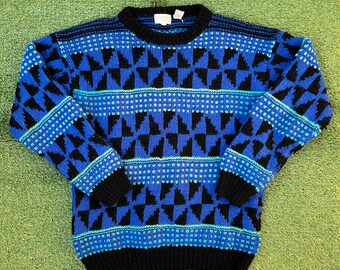 Vintage 1990’s Geometric Hand Knit Pure New Wool Via Condotti Mens Large Pullover Sweater Retro Australian Made Wool Streetwear Jumper Cozy