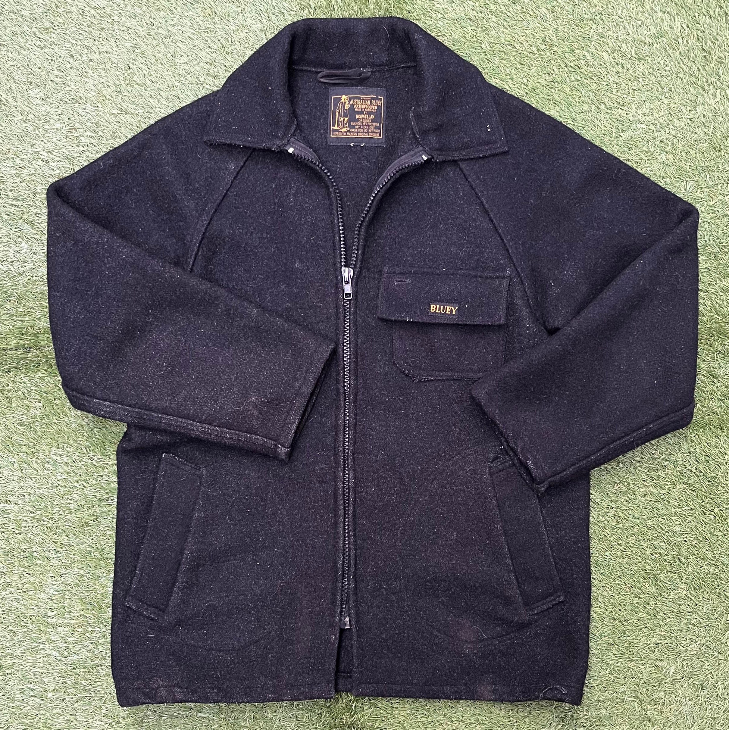 Vintage 1990 s Norwellan Bluey Junior Australian Made Showerproof 34 Ounce Black Men s Large Outerwear Black Bomber Jacket Streetwear Coat