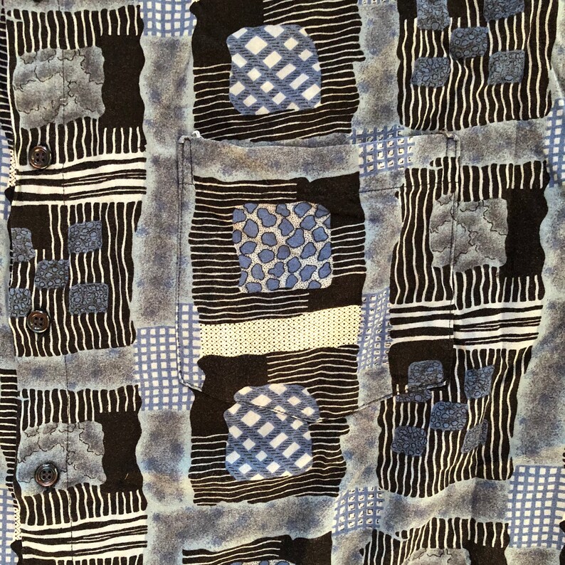 Vintage 1990\u2019s Wild Crazy Geometric All Over Print Australian Made Oversized XXL Short Sleeve Shirt Retro Summer Festival Party Button Up