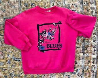 Vintage 1990’s Pink Australian Made The Pursuit Of Happiness Women’s Large Pullover Graphic Sweatshirt Retro Winter Cozy Floral Print Jumper