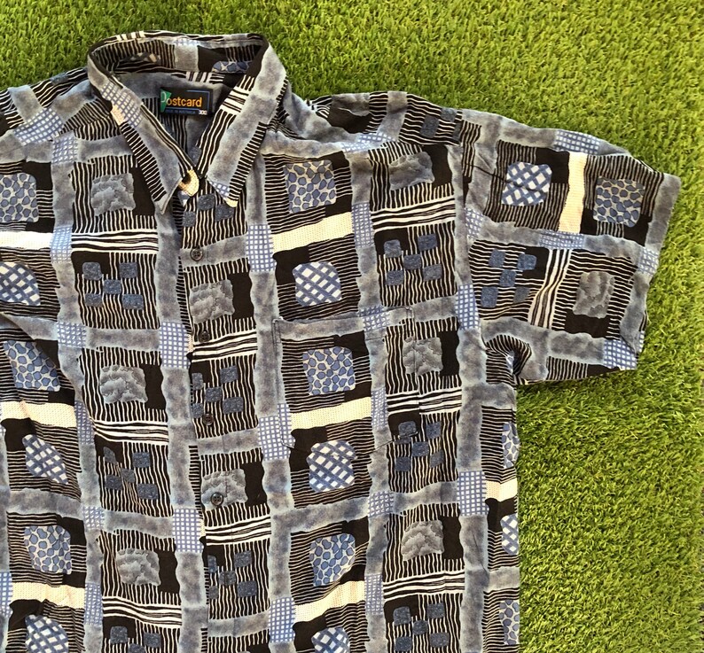 Vintage 1990\u2019s Wild Crazy Geometric All Over Print Australian Made Oversized XXL Short Sleeve Shirt Retro Summer Festival Party Button Up