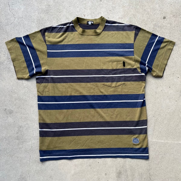 Vintage 1990’s Stussy Skateboarding Stitched Logo Striped T-shirt Tagged Medium, Fits Large Made In OZ Retro Stussy Streetwear Pocket Tee