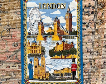 Vintage 1990’s London England Landmarks Souvenir Kitchen Tea Towel Retro English Kitsch Homewares London Eye London Tower Big Ben Tea Towel
