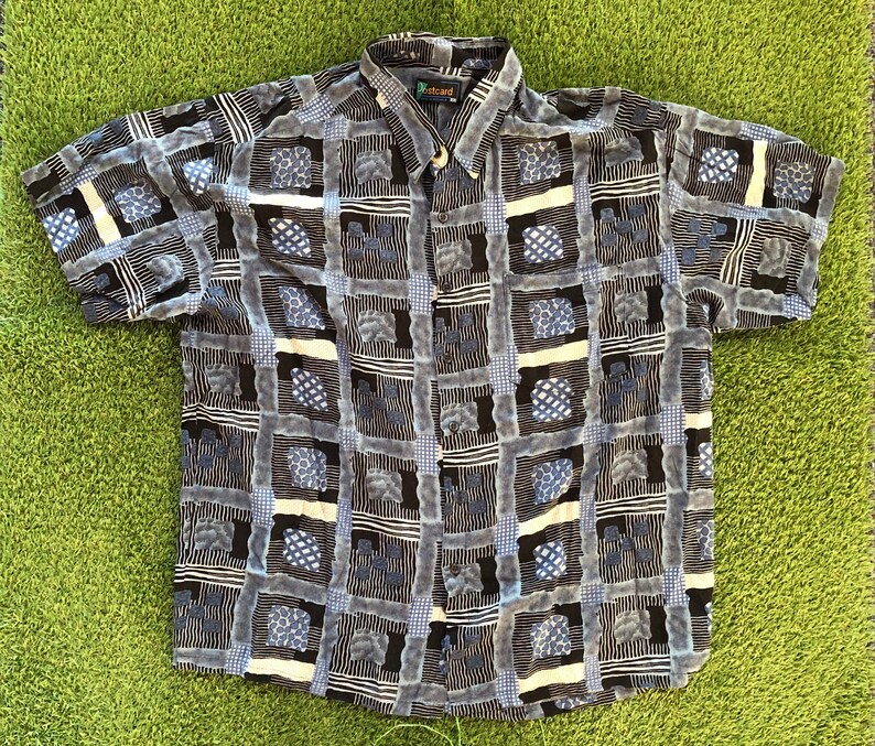 Vintage 1990\u2019s Wild Crazy Geometric All Over Print Australian Made Oversized XXL Short Sleeve Shirt Retro Summer Festival Party Button Up