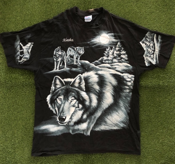 Vintage 1994 Alaska Wolves All Over Print Hanes XL Oversized