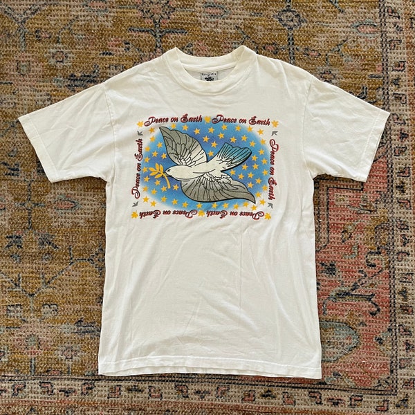 Vintage 1990’s Peace On Earth Dove Graphic Men’s Small T-shirt Retro Unique Summer Glittery Religious Menswear Streetwear Cool Tee