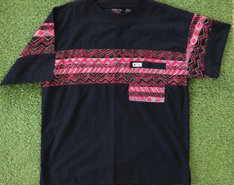 Vintage 1990’s Hang Ten Australia surf wear oversized large geometric pattern t-shirt retro Aussie streetwear summer party pocket tee unique