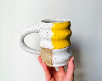 Yellow & White Checkered Print Wavy Ceramic Mug - Large Thick Durable Handmade Hand Painted Speckled Clay Mug - Boho Retro Mug