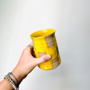 Yellow Checkered Print Ceramic Tumbler - Handmade Hand Painted Speckled Clay Tumbler - Boho Pottery - Boho Retro Cup