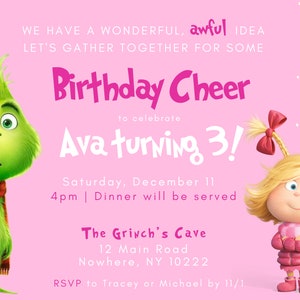PINK Cindy Lou Grinch Invite Christmas Birthday Cheer Party Invitation - INSTANT DOWNLOAD - Canva Editable Grinchmas Invite Template