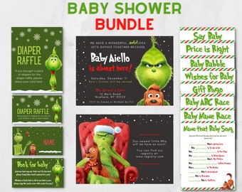 Grinch Baby Shower Bundle, Christmas Baby Shower Invitation Set, Canva Editable Template, Grinchmas Baby Shower Bundle, Invite Template
